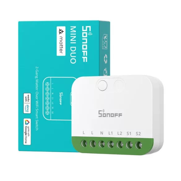 Sonoff MINI DUO 2-Gang Matter Over WiFi Smart Switch – két áramkörös mini relémodul, Wi-Fi, Matter (MINI-2GS)