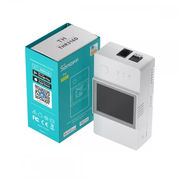 Sonoff TH16 Elite (R3) – relé, hőmérő bemenettel, 16A + dry contact, DIN, Wi-Fi (THR316D)