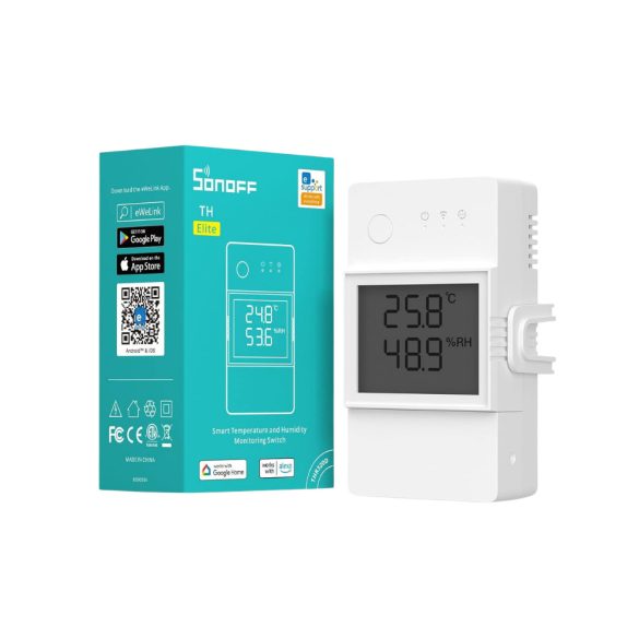Sonoff TH20 Elite (R3) – relé, hőmérő bemenettel, 20A + dry contact, DIN, Wi-Fi (THR320D)