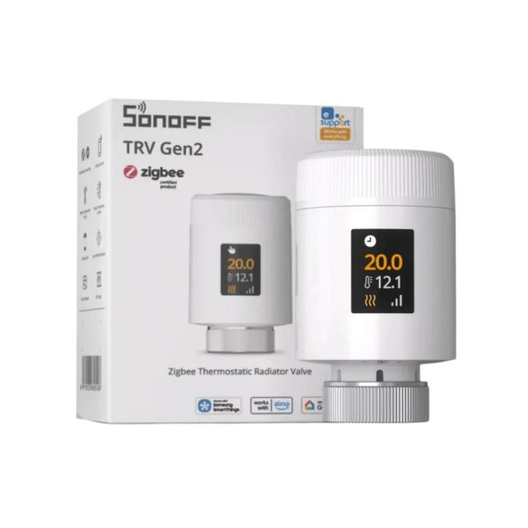 Sonoff TRV Gen2 – termosztatikus radiátorszelep, IPS kijelzővel, Zigbee, Bluetooth, fehér (TRV-ZBT)